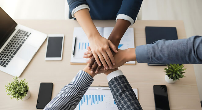 Diverse business team stacks hands together in a huddle over an office desk with documents and a laptop.
