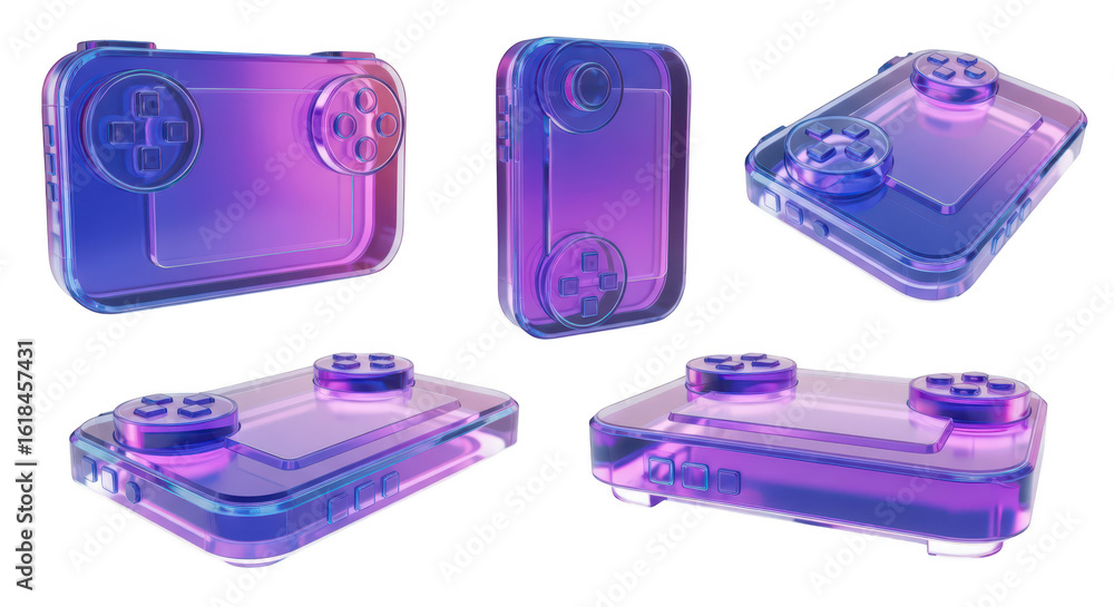 Poster transparent handheld gaming device concept various angles isolated bright background representing fu