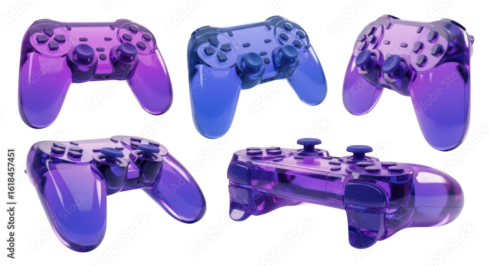 Poster transparent game controllers in various positions lit on a white background suitable for video game 