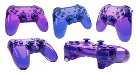 Transparent game controllers in various positions lit on a white background suitable for video game design