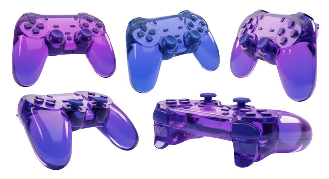 Transparent game controllers in various positions lit on a white background suitable for video game design