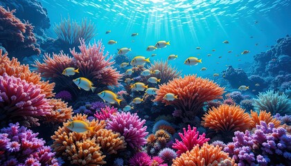 Obraz premium Vibrant coral reef teeming with colorful fish.