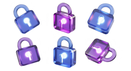 Transparent glowing padlocks in various angles against a clean white background representing security and data protection concepts