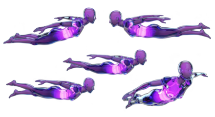 Metallic humanoid figures in multiple positions simulating flight against a white background perfect for futuristic or superhero concepts