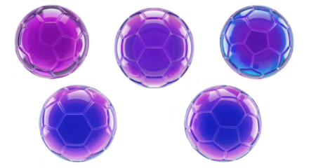 Transparent abstract soccer ball variations in purple and blue hues on a white backdrop potentially used for futuristic sports design or digital art
