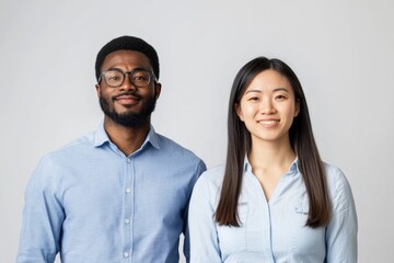 A portrait of a smiling Black man and an Asian woman, both wearing light blue shirts, against a white background.