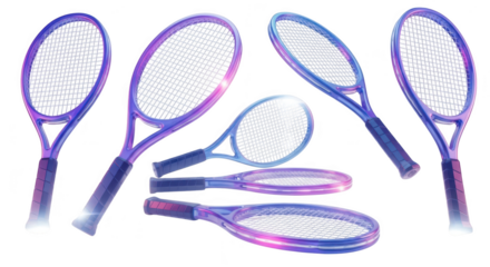 Six tennis rackets in a dynamic arrangement glowing with vibrant light against a plain backdrop suitable for sports promotion or design