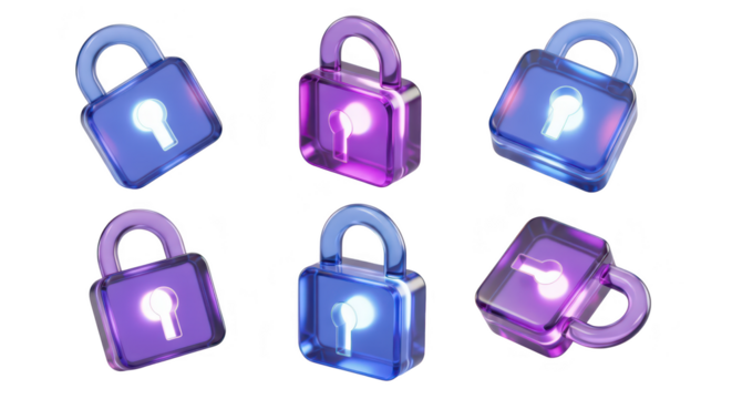 Transparent glowing padlocks in various angles against a clean white background representing security and data protection concepts