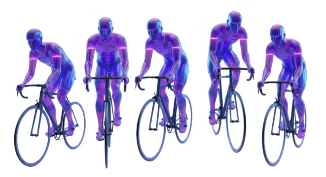 Animated cyclists riding on bikes in a studio white background possible use in fitness sports or technology visuals