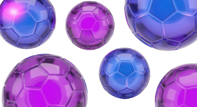 Abstract translucent faceted spheres floating against a white background generating visual interest for design or marketing