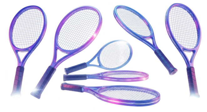 Six tennis rackets in a dynamic arrangement glowing with vibrant light against a plain backdrop suitable for sports promotion or design