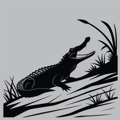 Crocodile sunning on riverbank silhouette vector design art and illustration