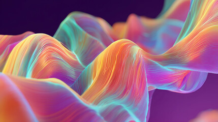 Vivid iridescent waves, layered ribbons, floating in dreamy digital space