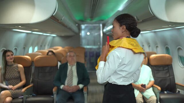Flight attendant demonstrating the use of emergency and safety equipment to passengers onboard before takeoff.