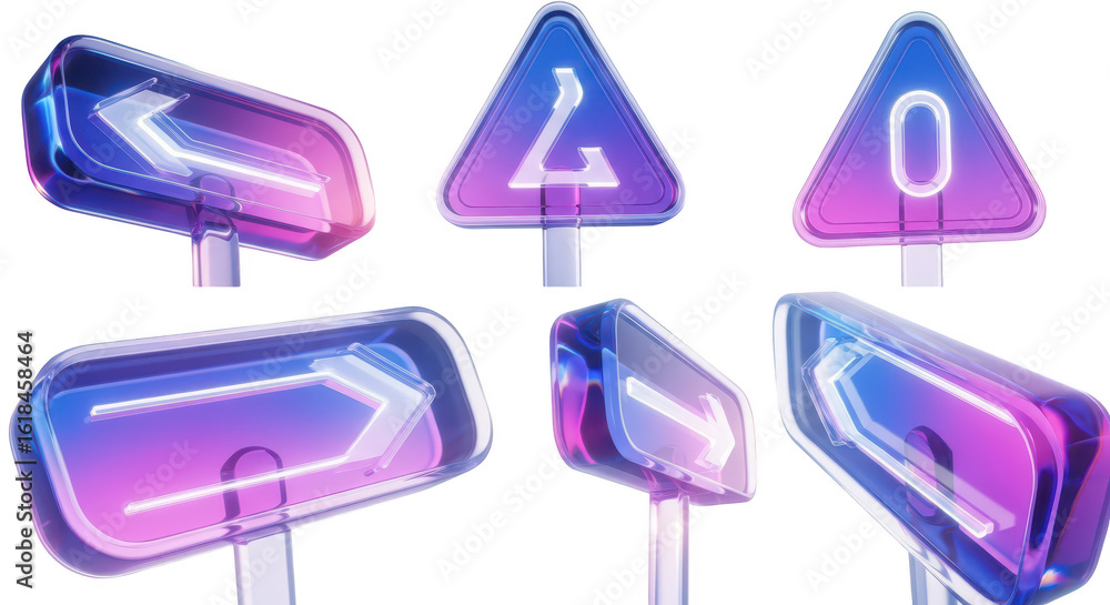 Poster illuminated glass road signs displaying direction and warnings against a white background suggesting