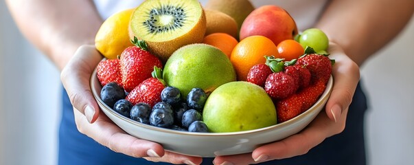 Woman holding a bowl of fresh summer fruits