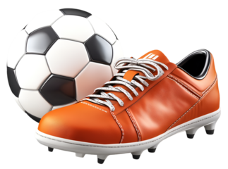 pair of orange football shoes with soccer ball on transparent background for sports theme