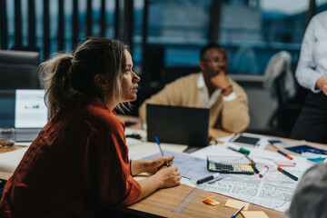 A multiracial business team engaged in a creative brainstorming session late in the evening. The team is focused on developing innovative solutions and meeting project deadlines in a collaborative