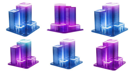 Futuristic glowing buildings in various colored isolated cityscapes suggesting technology architecture data centers or futuristic city planning