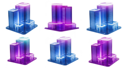 Futuristic glowing buildings in various colored isolated cityscapes suggesting technology architecture data centers or futuristic city planning