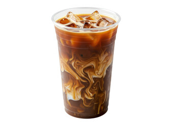 Tall clear plastic cup filled with iced coffee and swirling cream isolated on transparent background