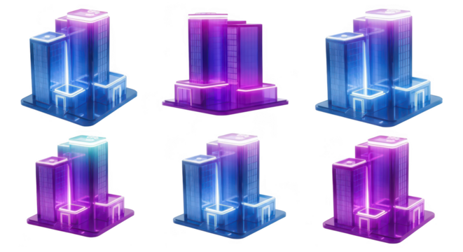Futuristic glowing buildings in various colored isolated cityscapes suggesting technology architecture data centers or futuristic city planning