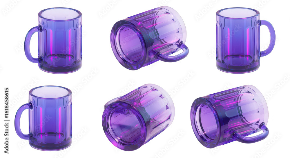 Poster set of empty translucent purple beer mugs in different positions isolated on a white background idea