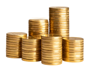 Stacked Bitcoin Coins with Reflective Surface, Side Angle Composition, isolated transparent background png