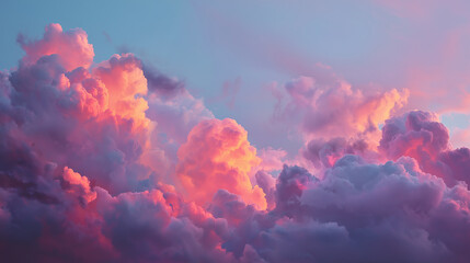 Ethereal sunset sky filled with cotton candy clouds, glowing pastel tones, surreal light reflections