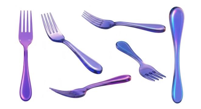 Six iridescent forks isolated on white casting shadows representing dining and culinary arts