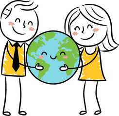 Fototapeta premium Cartoon couple holding earth globe illustration for earth day and environmental awareness vector