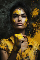 Young woman with mixed race, covered in vibrant yellow paint, poses confidently with a clenched fist, symbolizing empowerment and resilience in a creative artistic expression
