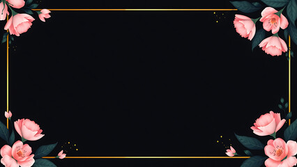 Elegant rectangular golden frame decorated with pink watercolor flowers and leaves on a dark background.