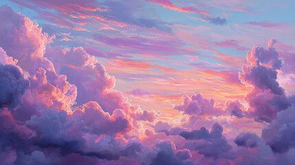 Ethereal sunset sky filled with cotton candy clouds, glowing pastel tones, surreal light reflections