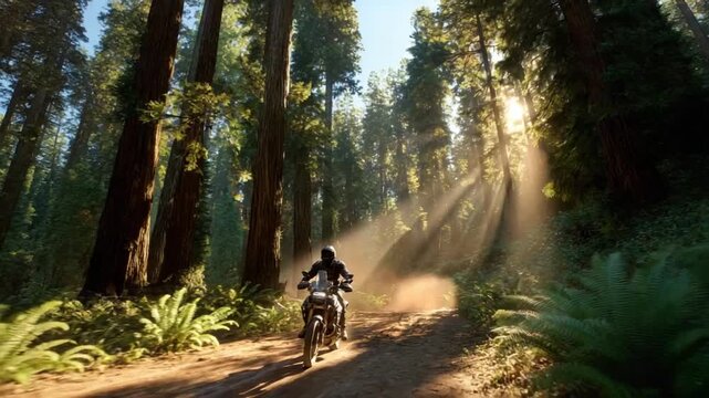 Forest Motorcycle Adventure: A lone motorcyclist fearlessly navigates a sun-dappled forest path, surrounded by towering trees. The thrill of adventure captured in a landscape of breathtaking beauty.