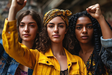 Three diverse women with raised fists, showcasing solidarity and empowerment, dressed in vibrant clothing, expressing strength and unity in a powerful protest setting