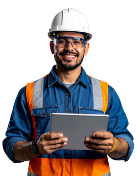 Smiling engineer in a hard hat using a tablet on a white background