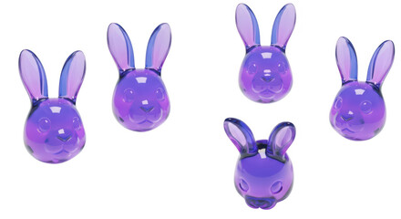 Fototapeta premium Five floating purple translucent bunny heads against a plain white background showcasing Easter/spring concept for digital art or design
