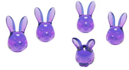 Five floating purple translucent bunny heads against a plain white background showcasing Easter/spring concept for digital art or design
