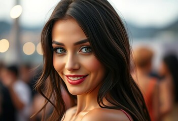 Obraz premium Dark hair, captivating eyes, alluring smile, elegant pose, makeup, sensual