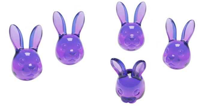 Five floating purple translucent bunny heads against a plain white background showcasing Easter/spring concept for digital art or design