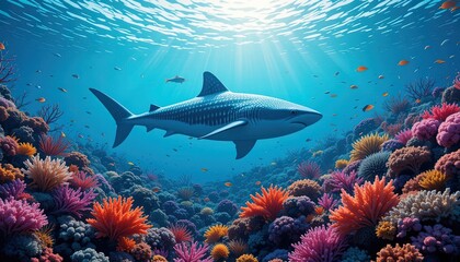 Fototapeta premium Majestic shark swims through a vibrant coral reef.