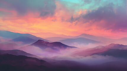 Mystical mountain landscape under vivid gradient sky, soft fog, fantasy sunrise colors