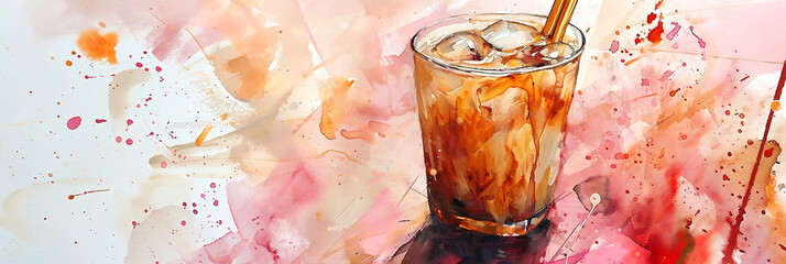 Watercolor illustration of a refreshing beverage in a glass with ice cubes, surrounded by vibrant splashes of color, evoking a sense of summer and relaxation in a creative artistic style