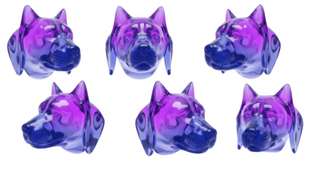 Six crystal dog head sculptures in various views against a bright white backdrop showcasing artistic digital rendering for decorative or design purposes