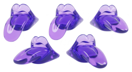 Purple glass tongues in various poses isolated on white showcasing a playful abstract design for artistic or decorative purposes