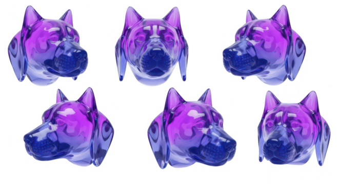 Six crystal dog head sculptures in various views against a bright white backdrop showcasing artistic digital rendering for decorative or design purposes