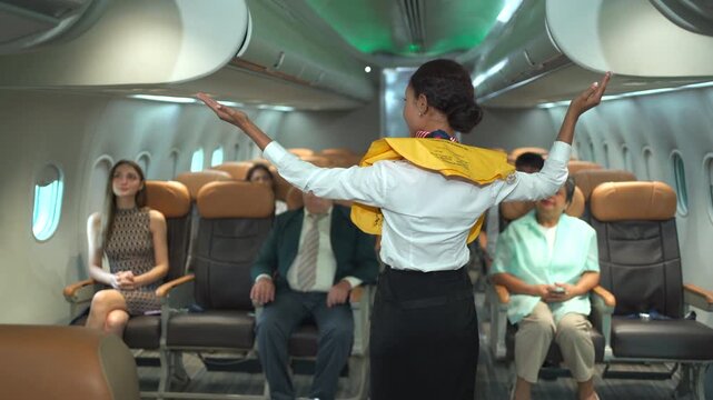 Flight attendant demonstrating the use of emergency and safety equipment to passengers onboard before takeoff.