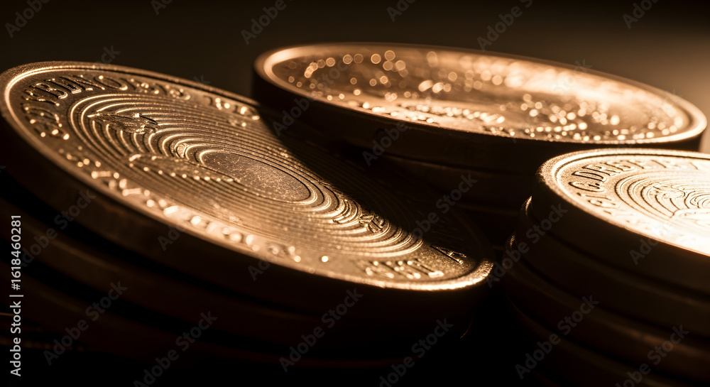 Poster closeup view of a stack of golden coins with intricate surface details illuminated by warm lighting 