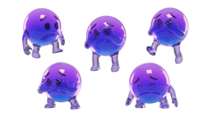 Sad glassy figures expressing sorrow through poses against a blank backdrop suitable for emotional storytelling or design elements